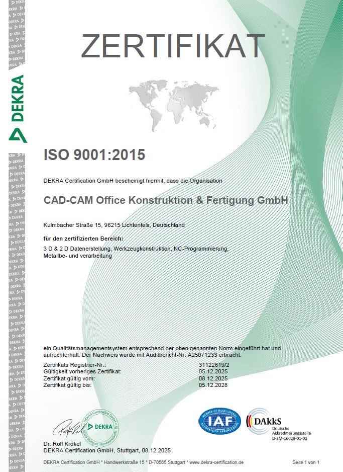 CAD-CAM Office Zertifikat ISO 9001:2015